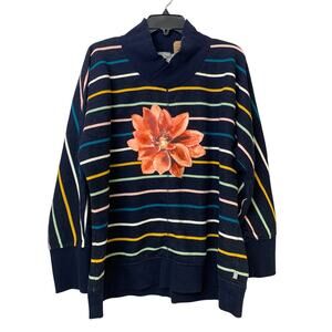 Upcycled Hand Printed Womens Size XL Poinsettia Red Flower Striped Sweatshirt